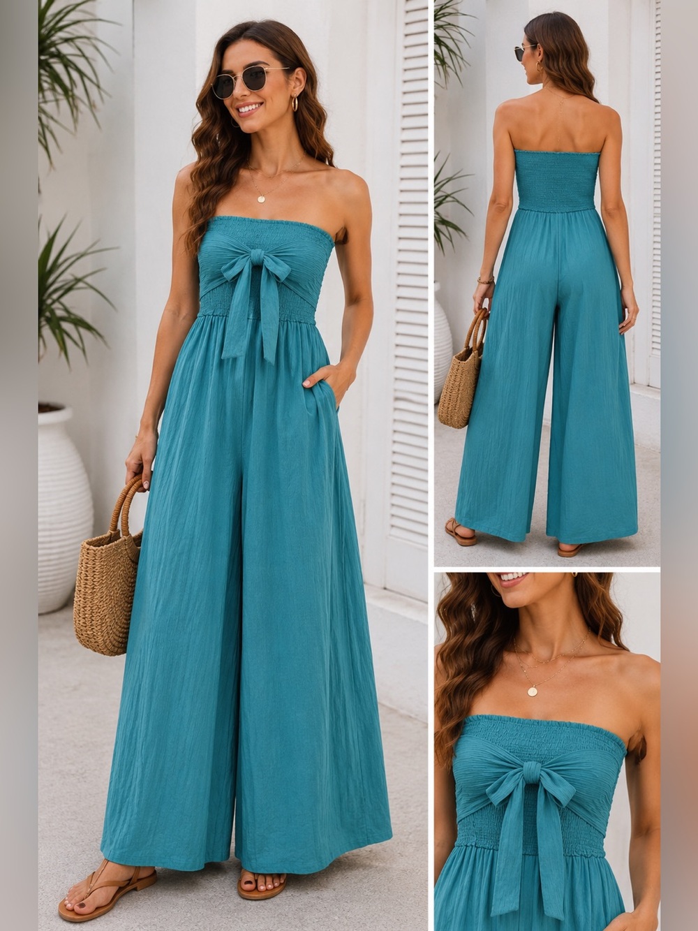 CUPSHE Teal Strapless Wide Leg Jumpsuit Bow Front Palazzo Romper - Picture 2 of 2